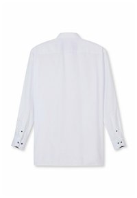 Weißes Langarmhemd mit Button-Down-Kragen, ausgestattet mit schwarzen Knopfakzenten an den Bündchen und einer glatten, leichten Stofftextur.