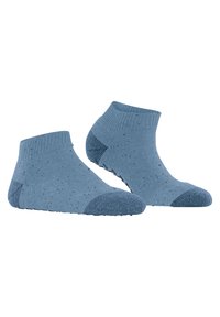 Chaussettes en coton à chevilles de couleur bleu clair avec un motif moucheté. Elles présentent une bordure côtelée et un bout et un talon texturés et renforcés. Semelle antidérapante.