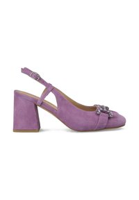Scarpa slingback in suede viola con tacco a blocco, con un fiocco e decorazioni sulla punta. Cinturino regolabile per una vestibilità sicura.