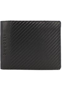 Portefeuille noir en matériau texturé, avec un accent en cuir lisse, de forme rectangulaire compacte, et des détails en relief du logo.