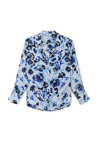 Camicia con bottoni in tessuto azzurro chiaro, con un motivo floreale in blu scuro e nero. Maniche lunghe, colletto e orlo arrotondato.