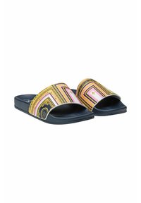 Blue slide sandals with a patterned upper featuring gold, pink, and black designs, and a textured rubber sole for grip.