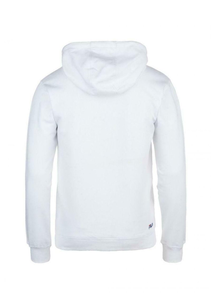 Sweat-shirt à capuche blanc avec des manches longues, des poignets côtelés et un logo sur l'ourlet inférieur. Matière en molleton ; texture lisse.