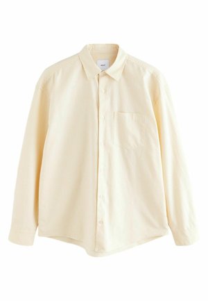 Helles gelbes Hemd mit vertikalen Streifen, langen Ärmeln, klassischem Kragen und einer Brusttasche. Weicher Stoff.