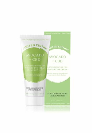 Krem pod oczy ośmiogodzinny nawilżający z awokado i CBD w limitowanej edycji, marki London Botanical Laboratories, w białym i zielonym opakowaniu.