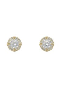Gold stud earrings with a central oval clear gemstone surrounded by smaller clear stones, featuring an octagonal setting design.