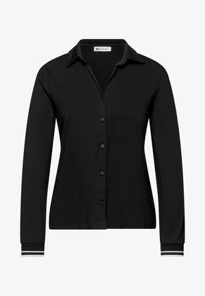 Czarna, zapinana na guziki koszula z długim rękawem i kołnierzykiem, dopasowany fason, z białymi podwójnymi paskami na mankietach.