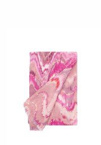 Sciarpa rosa con motivo, dalla texture morbida, che presenta onde di diverse sfumature di rosa, rosso e bianco, rifinita con bordi sfrangiati.