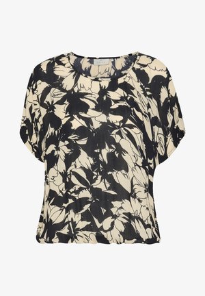 Korte mouwen blouse in beige met een zwart bloemmotief. Heeft een ontspannen pasvorm en een ronde halslijn, vervaardigd van lichtgewicht stof.