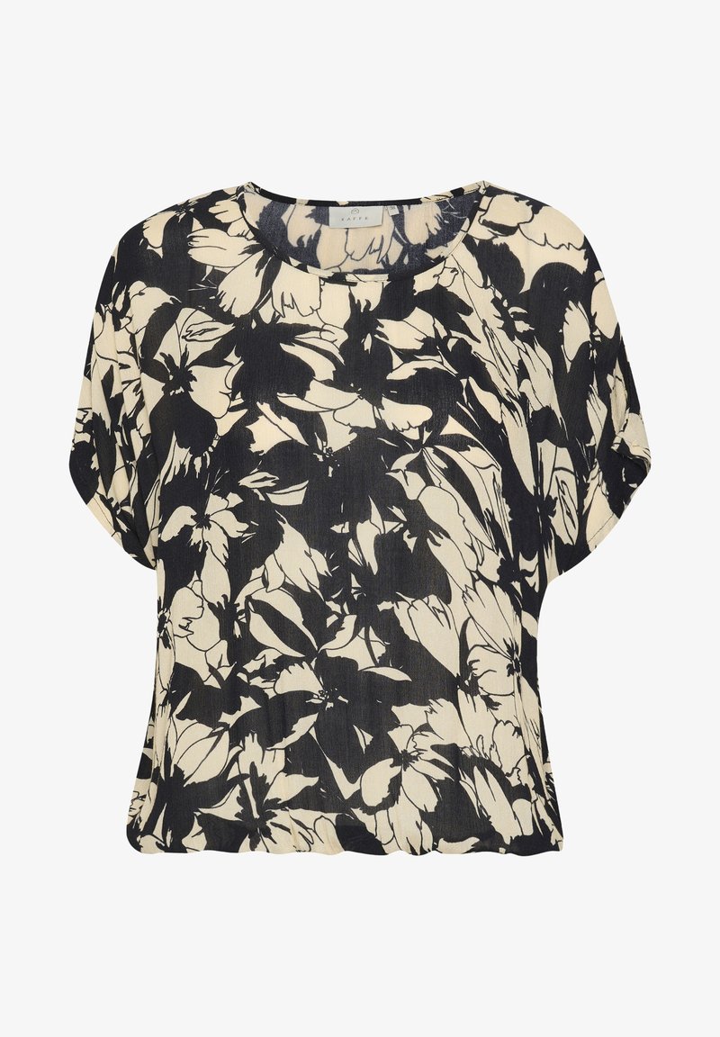 Švitrinė bluzonė smėlio spalvos su juodu gėlių raštu. Turi laisvą siluetą ir apvalų iškirpimą, pagaminta iš lengvos medžiagos.