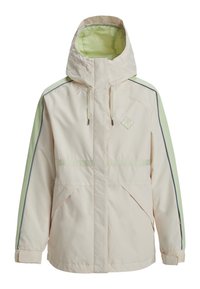 Lys beige jakke med en grøn hætte og ærmer. Har en frontlynlås, to sidelommer og refleksdetaljer langs sømmene.