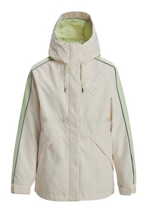 Light beige jacket with a green hood and sleeves. Features a front zipper, two side pockets, and reflective accents along the seams.