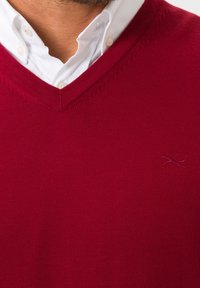 Pull rouge en maille avec un col en V, un col côtelé, et un logo brodé discret dans le coin inférieur. Chemise blanche à col en dessous.