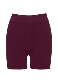 Bordowe dziane szorty z wysokim elastycznym pasem, na którym jest wytłoczone logo marki "LAMANIA". Gładka tekstura i dopasowany krój.