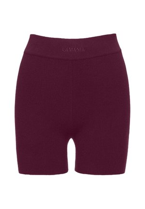 Bordowe dziane szorty z wysokim elastycznym pasem, na którym jest wytłoczone logo marki "LAMANIA". Gładka tekstura i dopasowany krój.