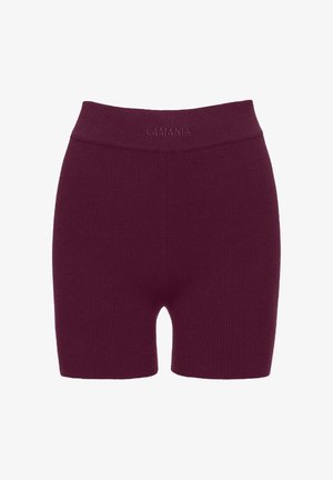 Bordowe dziane szorty z wysokim elastycznym pasem, na którym jest wytłoczone logo marki "LAMANIA". Gładka tekstura i dopasowany krój.