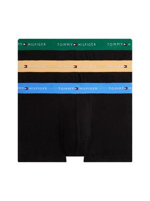 Boxer in cotone nero con tre fasce elastiche in verde, giallo e blu, ciascuna con il logo "TOMMY HILFIGER". Texture liscia.