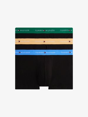 Black cotton boxers with three elastic waistbands in green, yellow, and blue, each featuring the "TOMMY HILFIGER" logo. Smooth texture.