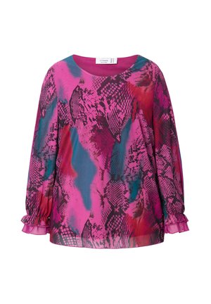 Blusa a maniche lunghe in rosa e verde petrolio con una stampa astratta a pelle di serpente. Presenta polsini arricciati e un collo rotondo. Tessuto leggero.