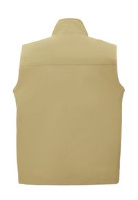 Beige ärmellose Weste aus glattem Stoff, mit hohem Kragen und geradem Rückendesign; keine sichtbaren Beschläge oder Verzierungen.
