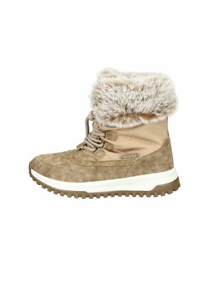 Bottines beiges avec un col en fourrure, dotées d'un corps en daim texturé, d'un laçage et d'une épaisse semelle en caoutchouc avec traction.