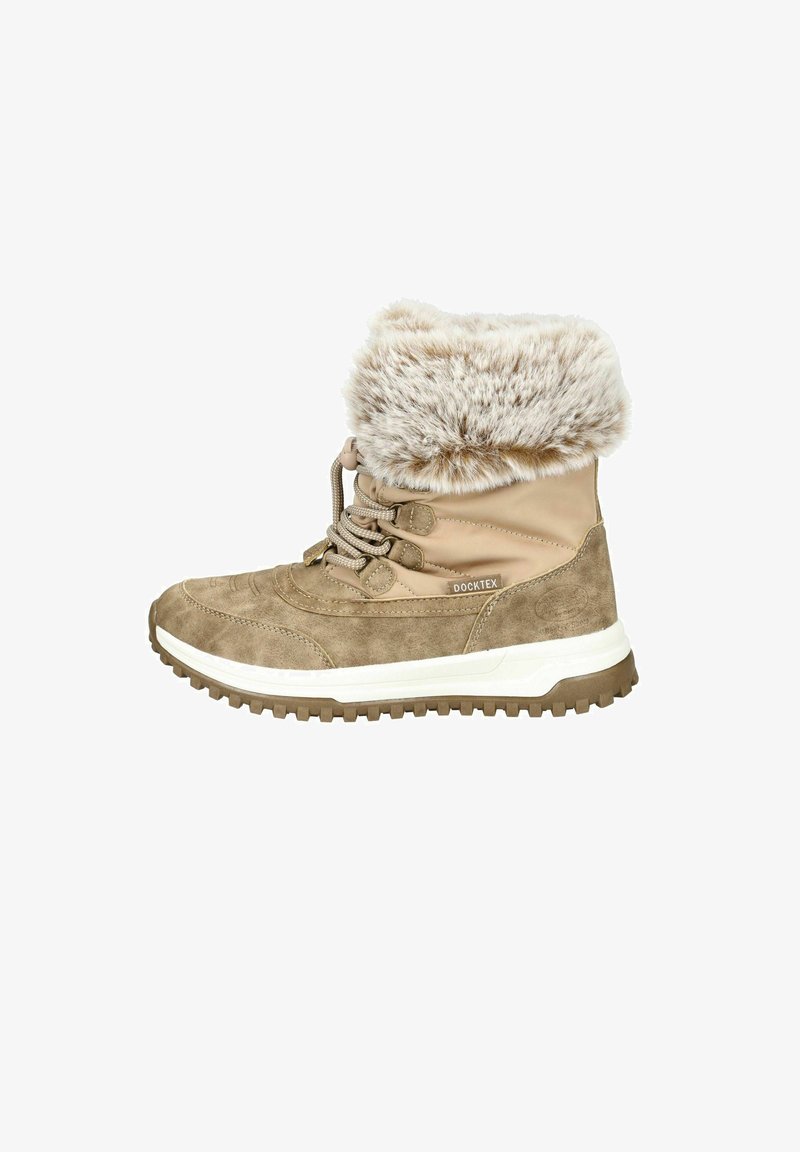 Botas de tobillo beige con un cuello forrado de piel, con un cuerpo de ante texturizado, cierre de cordones y una suela de goma gruesa con tracción.