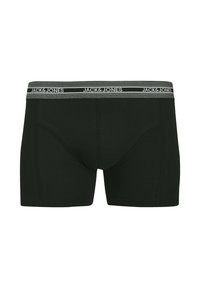 Black boxer briefs made of soft fabric, featuring a gray elastic waistband with "JACK & JONES" logo, with a snug, fitted design.