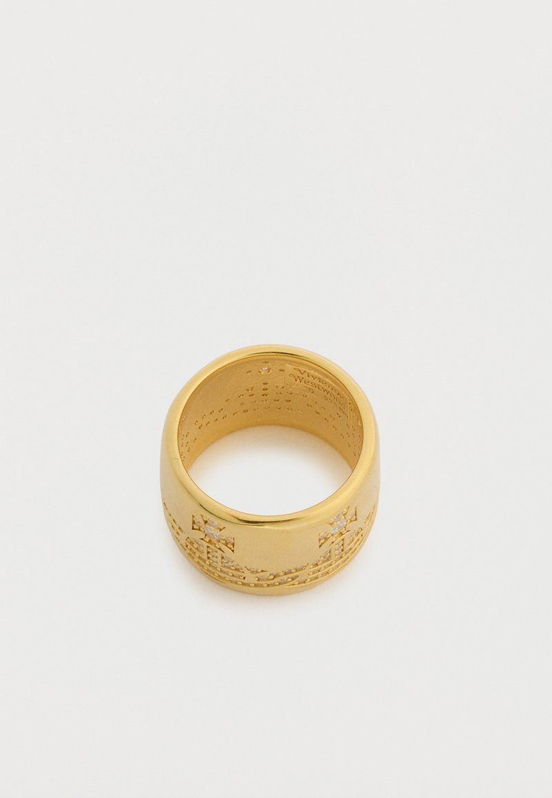 Gold wide band ring with embossed crosses and small sparkling stones on a white background.