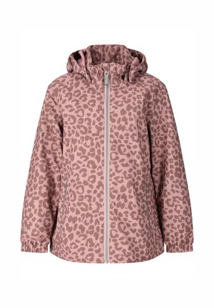 Roze kinderjack met capuchon, voorzien van een donkerroze luipaardprint en een ritssluiting aan de voorkant.