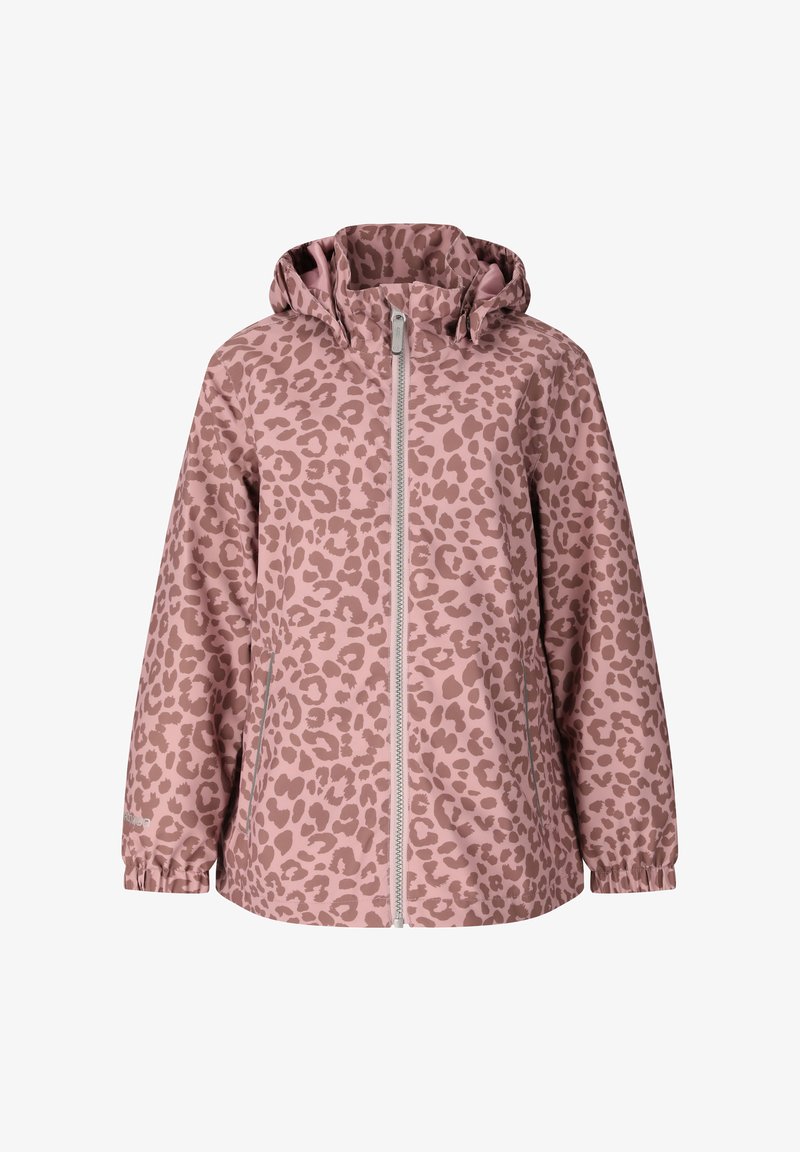 Veste rose pour enfant avec capuche, présentant un motif léopard rose foncé et une fermeture éclair à l'avant.