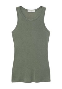 Oliven grøn tanktop med rund halsudskæring, ærmeløs design og glat tekstur. Har en almindelig pasform og diskrete syningsdetaljer.