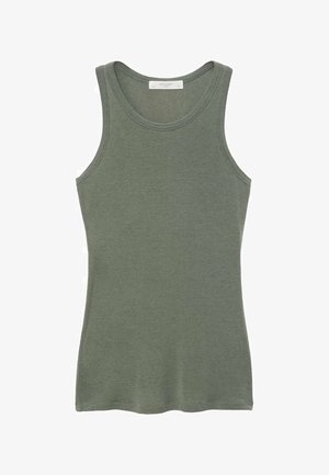Olijfgroene tanktop met een ronde halslijn, mouwloos ontwerp en een gladde textuur. Heeft een normale pasvorm en subtiele stikseldetails.