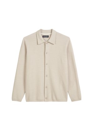Beige knit cardigan featuring a collared neckline, button-down front, long sleeves, and textured fabric. Classic design for versatile styling.
