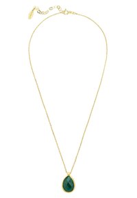Gul kædedesign med en grøn dråbeformet facetsten pendant. Filigran design med justerbar længde og lille accenttag.