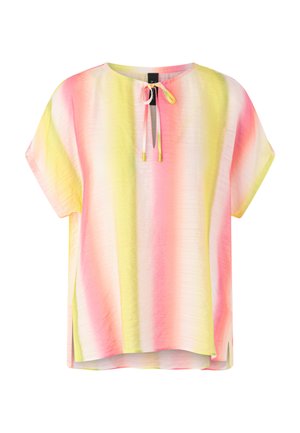 Kurzärmelige lockere Bluse mit pinken, gelben und weißen vertikalen Streifen, rundem Ausschnitt und kleinem vorderem Binderverschluss.