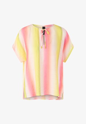 Kurzärmelige lockere Bluse mit pinken, gelben und weißen vertikalen Streifen, rundem Ausschnitt und kleinem vorderem Binderverschluss.