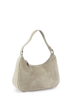 Beige suede shoulder bag with a single strap and zipper closure, featuring subtle branding near the bottom center.