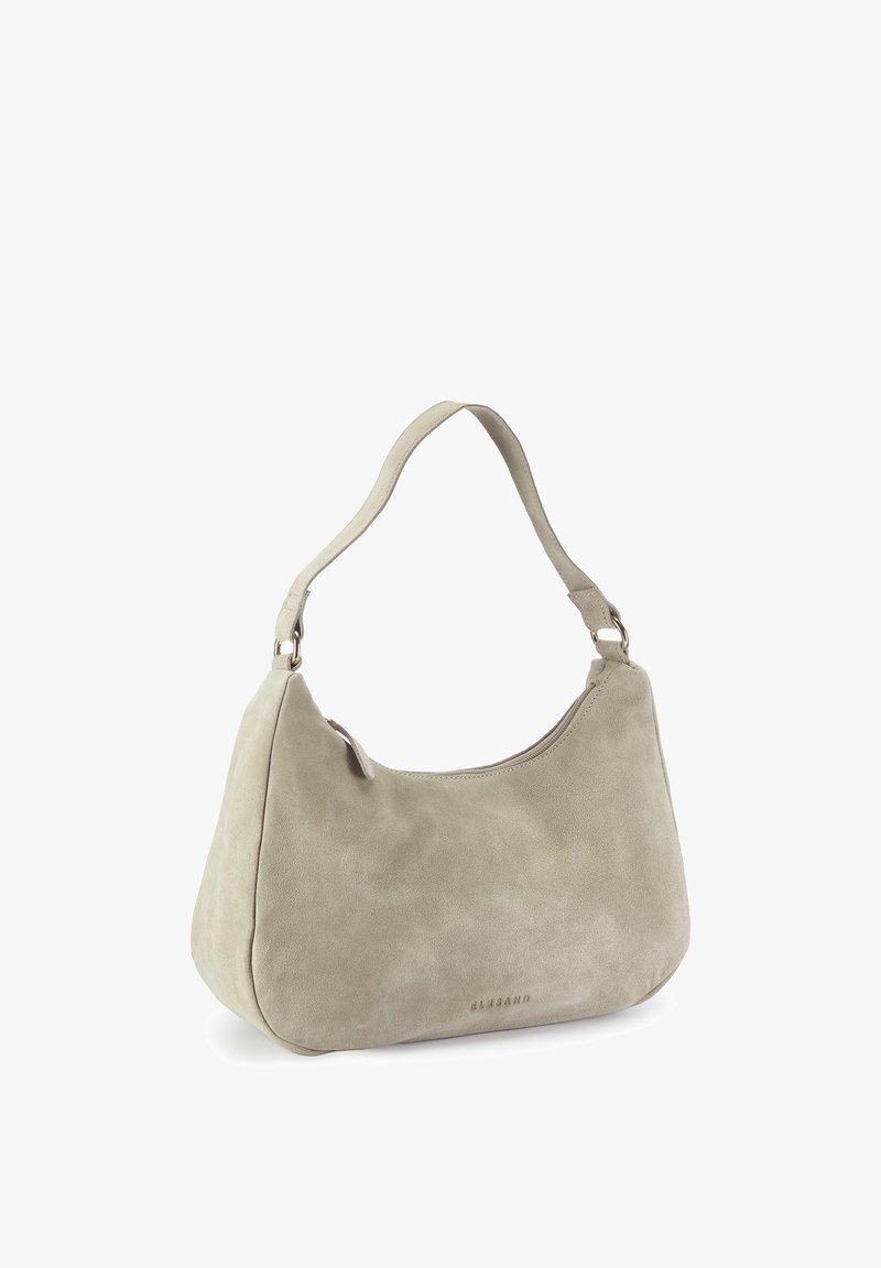 Beige Wildleder-Umhängetasche mit einem einzelnen Riemen und Reißverschluss, mit dezentem Branding nahe der unteren Mitte.