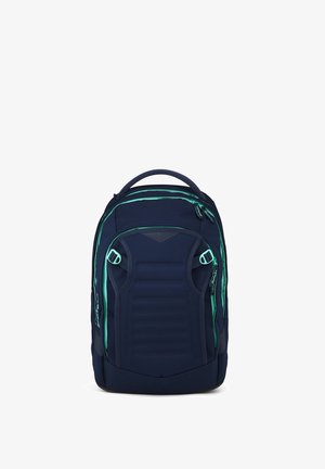 Navyblauer Rucksack mit türkisfarbenen Reißverschlussakzenten, mehreren Fächern, gepolstertem Rückenteil und Tragegriff oben.