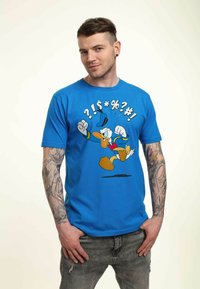 Blue cotton T-shirt featuring a cartoon duck in mid-action with expressive text in white and black. Short sleeves and crew neck design.