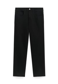 Pantaloni in denim nero con taglio dritto, dotati di cinque tasche, passanti per cintura e chiusura con un pulsante. Tessuto liscio, leggermente texturizzato.