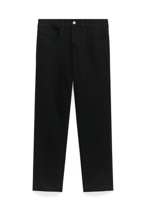 Zwarte denim broek met een rechte snit, voorzien van vijf zakken, ceuvelopen en een enkele knoopsluiting. Soepele, lichtjes textuurstof.