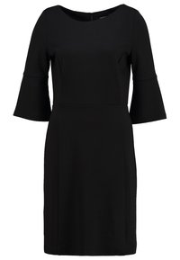 Czarna sukienka z rękawami typu dzwon o długości trzy czwarte, okrągłym dekoltem i dopasowanym krojem. Wykonana z gładkiego materiału, posiada zamek błyskawiczny z tyłu.