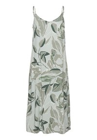 Vestido sin mangas floral en verde claro y gris, hecho de una tela ligera. Presenta un corte holgado y delicados tirantes de espagueti.