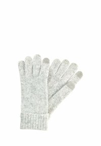 Grijze gebreide handschoenen met een geribbelde manchette, voorzien van vijf vingeropeingen en een gestructureerd patroon over het gehele oppervlak. Materiaal lijkt zacht en warm.