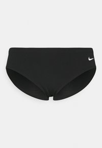 Svarte bikini-truser med glatt finish, med en lavt skjært design og en liten hvit Nike-logo på venstre side.