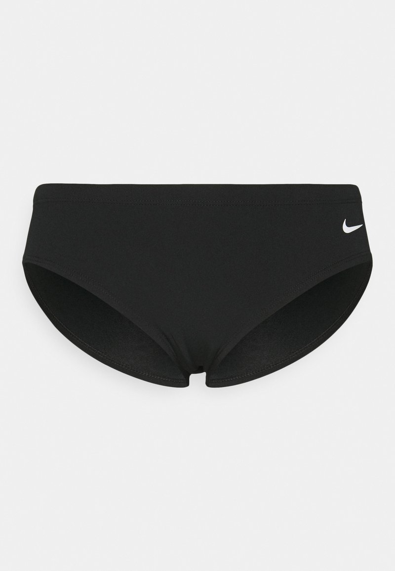 Schwarze Bikiniunterteile mit glatter Oberfläche, in niedriger Schnittform und mit kleinem weißen Nike-Logo auf der linken Seite.