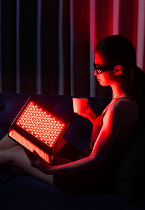LED panel emitting red light held in one hand, with a black casing and honeycomb design; person seated on a dark couch, holding a white cup.