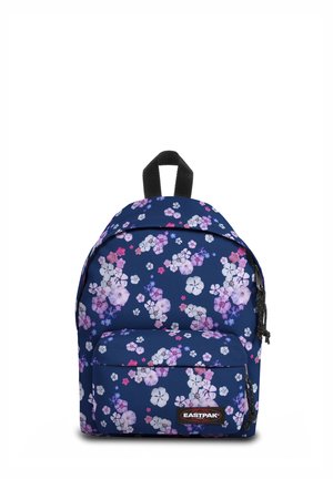 Sac à dos bleu marine avec motif floral rose, blanc et violet, poignée noire, poche avant zippée et écusson logo Eastpak.