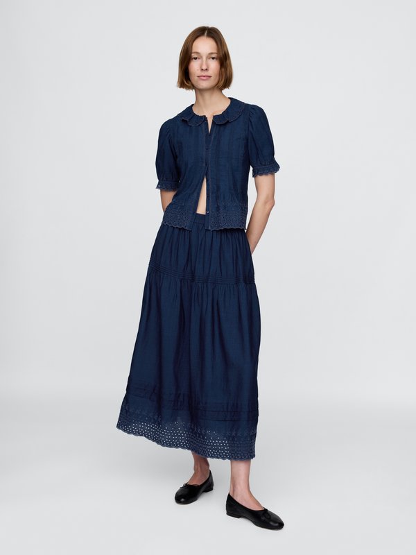 GAP X DOEN MIDI SKIRT EMBROIDERY - Denim skirt - medium indigo